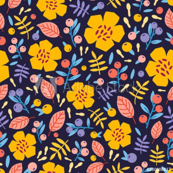 Floral seamless pattern with flowering plants and berries on black background