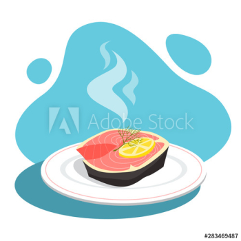Grilled salmon steak on the plate with lemon