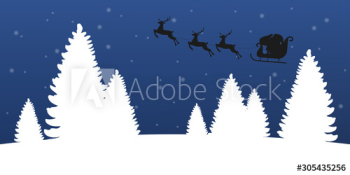 Santa Claus silhouette in sleigh and running deer