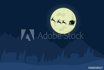 Santa Claus silhouette in sleigh and running deer