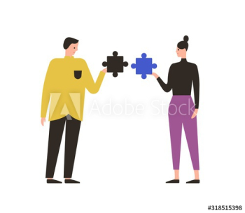Cartoon male and female with mismatch puzzle vector flat illustration