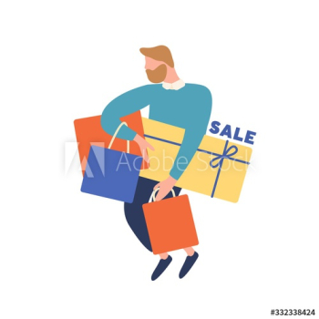 Cartoon bearded man carry box and shopping bag during seasonal sale vector flat illustration