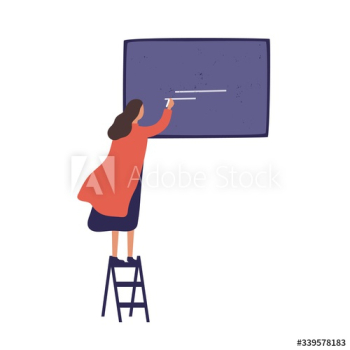 Cartoon female standing on stairs whiting on blackboard use chalk vector flat illustration