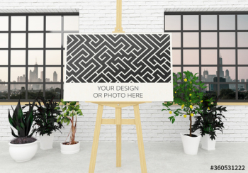 Horizontal Poster Easel Stand Mockup with Contemporary Interior