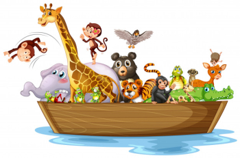 Many animals on wooden boat Free Vector