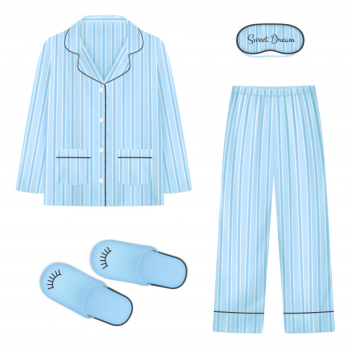 Nightwear realistic set in blue color with  slippers eye patch for sleep and pajamas isolated  illustration Free Vector