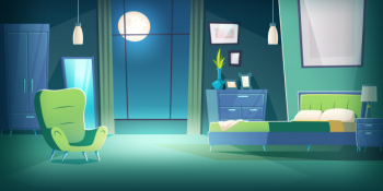 Bedroom interior at night with moonlight cartoon Free Vector