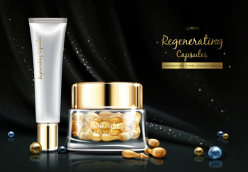 Night cosmetics line with skin regenerating oil or essence realistic vector banner. Free Vector