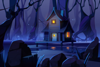 Wooden mystic stilt house on swamp in night forest Free Vector