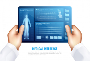 Human hands touching on tablet screen showing medical interface with hud elements realistic  concept Free Vector