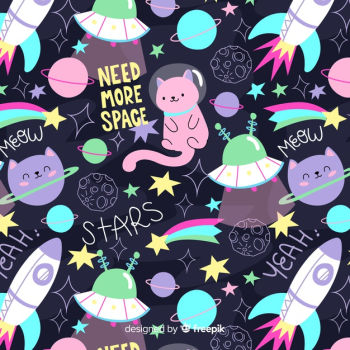 Colorful doodle cats in the space and words pattern Free Vector
