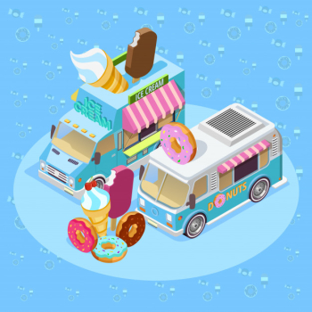 Food trucks isometric composition poster Free Vector