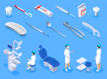 Dentist isometric icons set of stomatology  equipment hygiene items implant and teeth isolated Free Vector