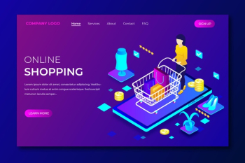Shopping online landing page template in isometric style Free Vector