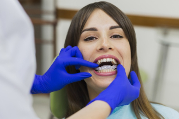 Patient getting invisible retainers at dentist Free Photo