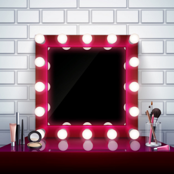 Realistic composition with pink makeup mirror cosmetics and brushes on table vector illustration Free Vector