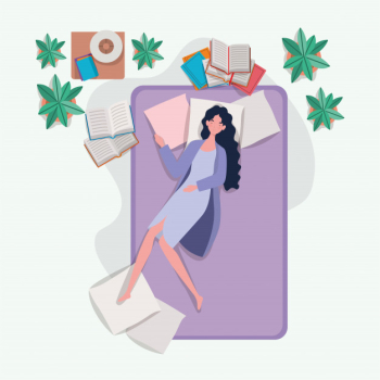 Young woman relaxing in mattress in the bedroom Free Vector