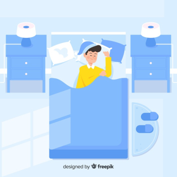 Flat person sleeping at night in bed background Free Vector