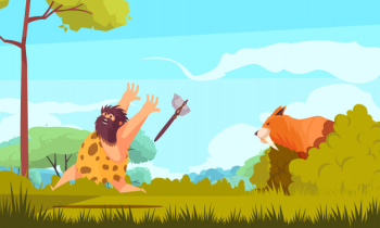 Hunting in stone age colorful illustration with prehistoric man running from big animal cartoon Free Vector