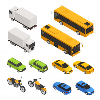 Isometric colored city transport icon set with different truck bus cars in two sides vector illustration Free Vector
