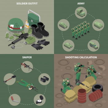 Army 2x2 design concept set of sniper soldier outfit shooting calculation square icons isometric Free Vector