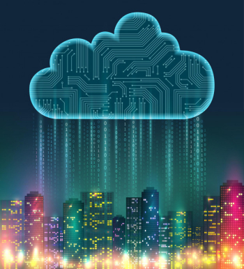 Cloud storage realistic composition with digital elements and bright lights on the city Free Vector