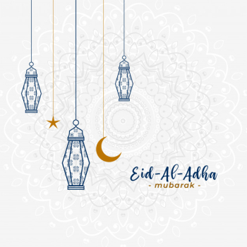 Lovely islamic eid al adha greeting with hanging lamps Free Vector