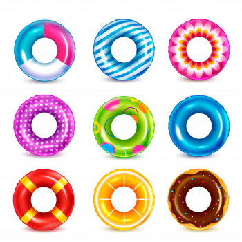 Set of isolated color inflatable rubber swimming rings realistic images with colourful pattern on blank background Free Vector