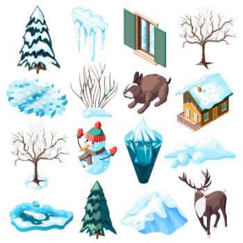 Winter landscaping set of isometric icons with animals bare trees and bushes frozen lake isolated Free Vector