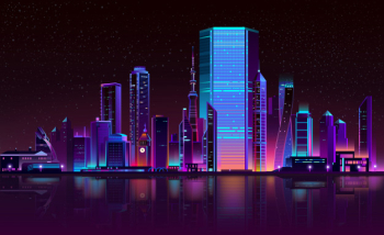 Modern city night skyline neon cartoon Free Vector