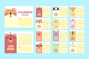 Flat animals calendar 2020 template set Free Vector
