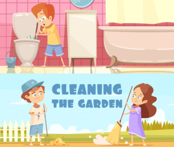 Kids cleaning toilet bowl in bathroom and helping in garden 2 horizontal cartoon banners isolated Free Vector