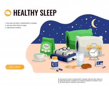 Healthy sleep cartoon template with glass of milk pack of soothing tea and sleeping pills at night sky Free Vector