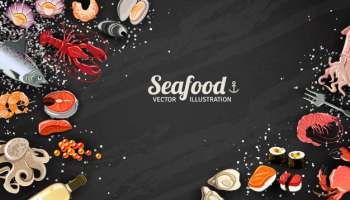 Seafood background with fish prawns and sushi delicacy illustration Free Vector