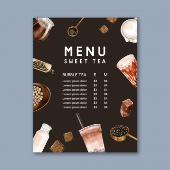 Set brown sugar bubble milk tea menu, ad content vintage, watercolor illustration Free Vector