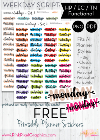 Weekday Script Planner Stickers - Sets 3-4 | Pink Pixel Graphics