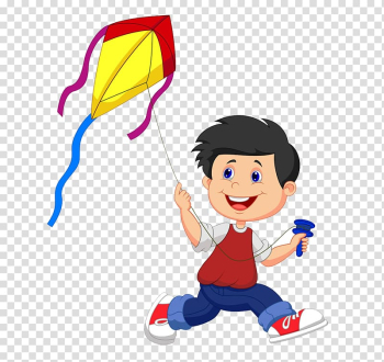 Boy holding kite , Kite Cartoon Illustration, Small people flying kite material free to pull transparent background PNG clipart