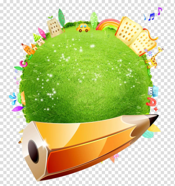 Yellow pencil and green world illustration, Student Pre-school Poster Banner Learning, School elements transparent background PNG clipart