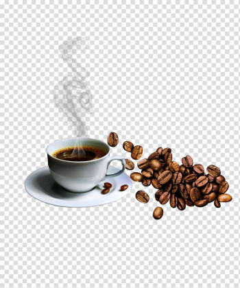 Coffee beans beside white teacup, Turkish coffee Espresso Ristretto Cafe, Raw coffee beans to pull material Free transparent background PNG clipart