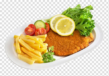 Fried pork and french fries with slice of vegetables , French fries Schnitzel Deep fryer Frying Oil, Steak fries transparent background PNG clipart