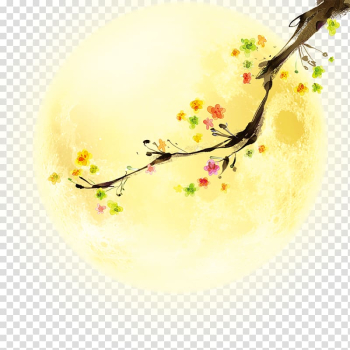 Multicolored flowers and full moon illustration, Mid-Autumn Festival Mooncake, Moon flowers transparent background PNG clipart