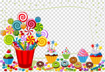 Yellow star and assorted-color candies and cupcakes border , Happy Birthday to You editing Wish, Candy pot and a piece of paper transparent background PNG clipart