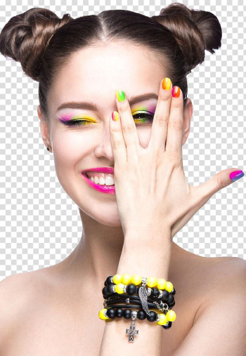Woman with multicolored manicure, Nail Beauty Model Make-up Cosmetics, Stylish women colorful makeup transparent background PNG clipart