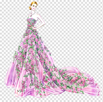 Woman wearing pink and green botanical taupe dress , Fashion illustration Drawing Illustrator Illustration, Hand-painted flower fairy dress beauty transparent background PNG clipart