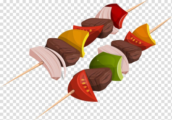 Meat skewers illustration, Shish kebab Doner kebab Barbecue Fast food, vegetables and chicken transparent background PNG clipart