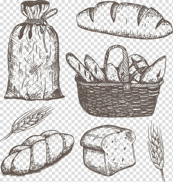 Bread, sack, wheat, and basket drawings, Bakery Drawing u5e7fu544au521bu4f5c, painted bread transparent background PNG clipart