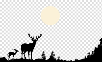 Silhouette of moose under the moon, Deer Nature Wildlife , Hand-painted black and white silhouette deer hilltop forest moon transparent background PNG clipart