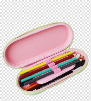 Several colored pencils inside pink case, Stationery Pencil case Colored pencil, Pencil case filled with colored pens transparent background PNG clipart