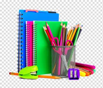 School supplies Stationery Notebook Resource room, Colored school supplies, three notebooks, assorted-color pencils and pen illustration transparent background PNG clipart