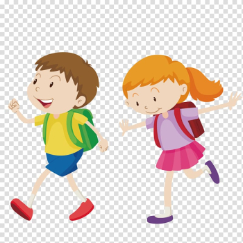 Animated boy and girl illustration, Walking Boy , go to school transparent background PNG clipart